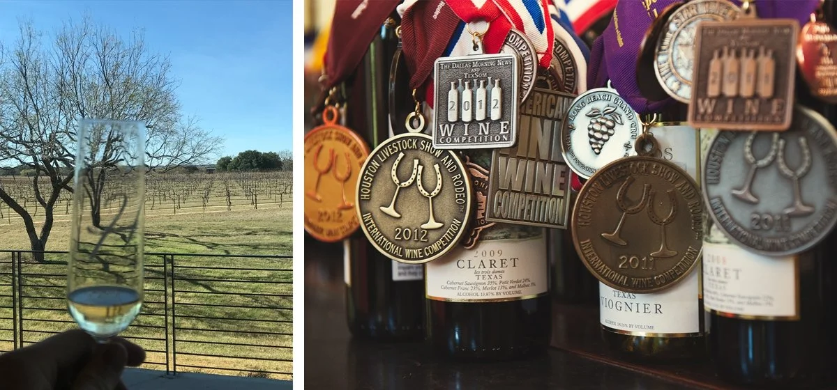 A man holds a wine glass in front of acres of vines at Heath Sparkling Wines.
