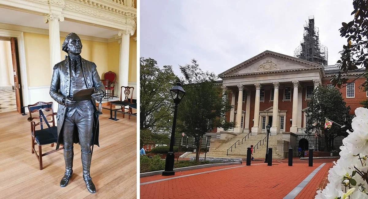 A bronze Statue of George Washington and the tall columns of the Maryland State House.