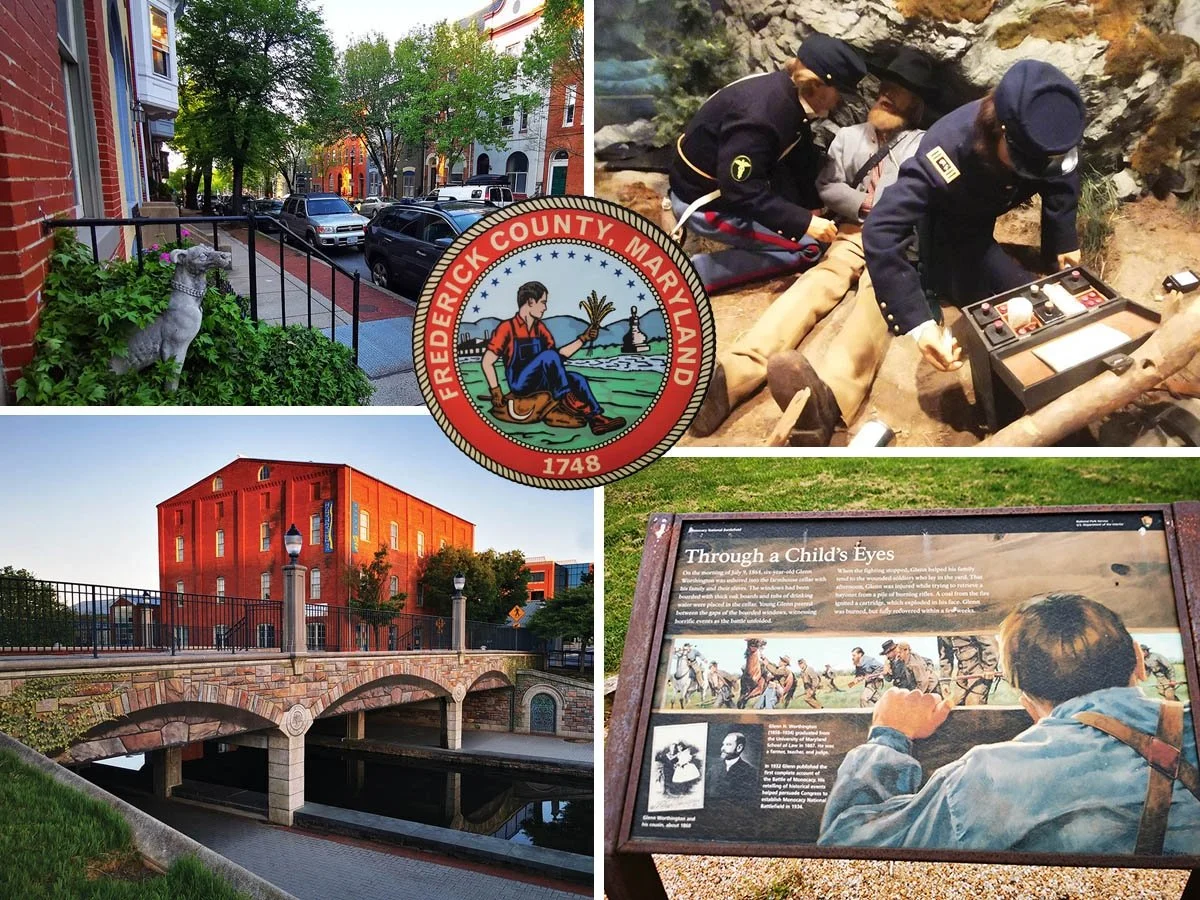 Colourful buildings and museums of the historic town of Frederick, Maryland.