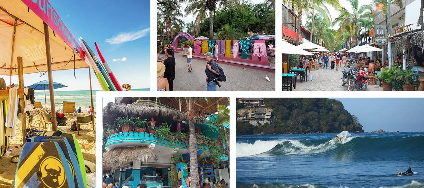 A surfer takes on th waves in Sayulita and crowds explore it's downtown.