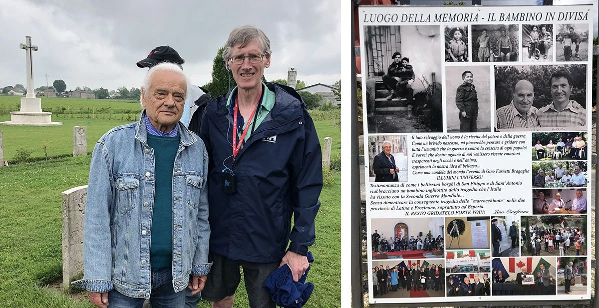 A man with glasses stand next to a local who remembers when the Canadians liberated Bagnacavallo.