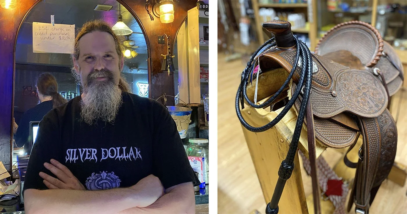 The owner of the Silver Dollar in Elko along with saddles and cowboy gear.