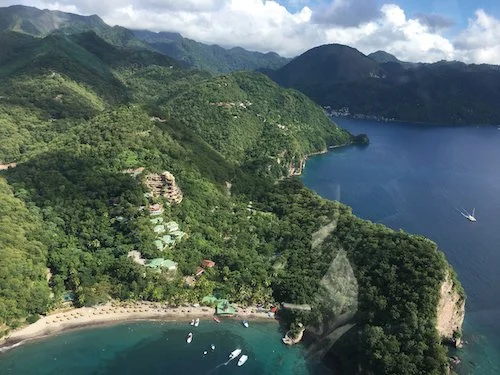 An aerial view of Jade Mountain Resort and the surrounding mountains.
