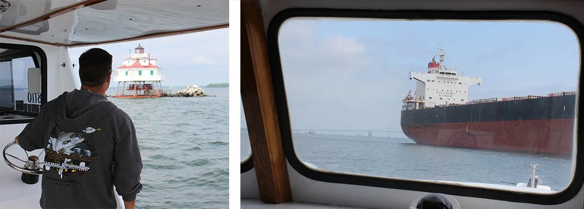A man looks out over lighthouses and boats on the Chesapeake Bay.