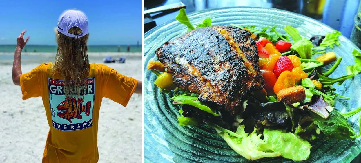 A girl in a purple hat with a bright yellow Grouper Therapy shit extends her hands towards the beach.