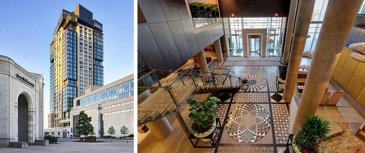 The brown, mosaic floors of Hotel X Toronto.