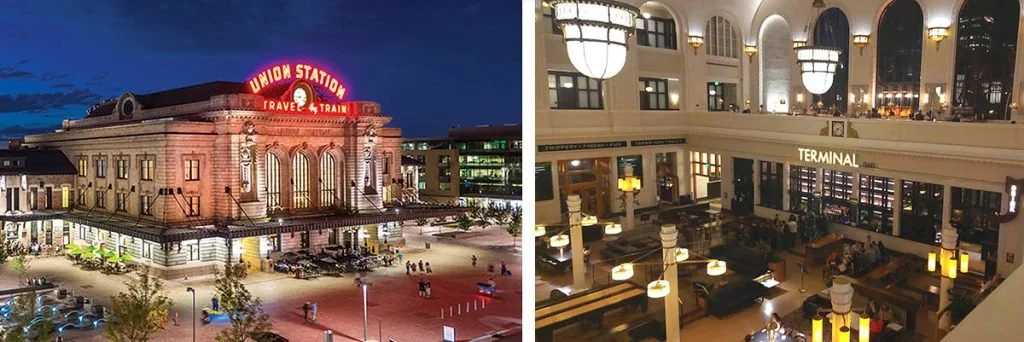 The interior and exterior of Denver Union Station.