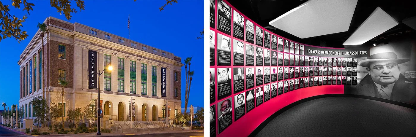 The interior and exterior of the Mob Museum in Las Vegas.