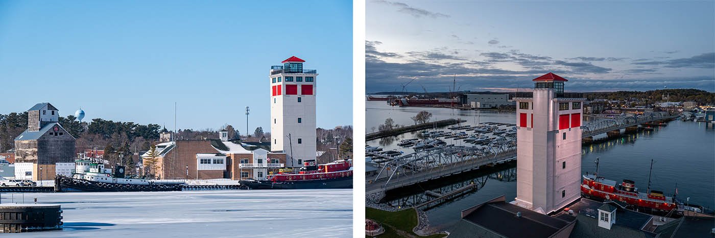 A frosty view of Sturgeon Bay featuring the Maritime Museum.