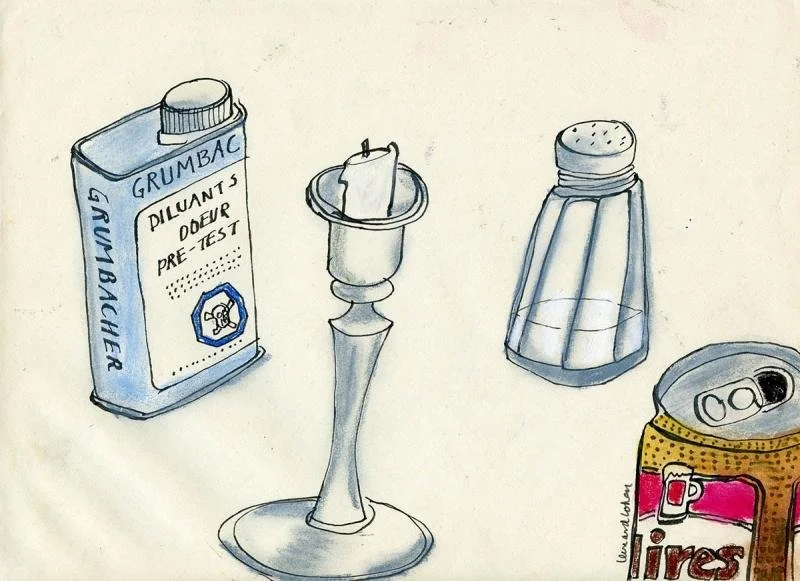 A watercolour drawing by Leonard Cohen of candles, salt, and a can.