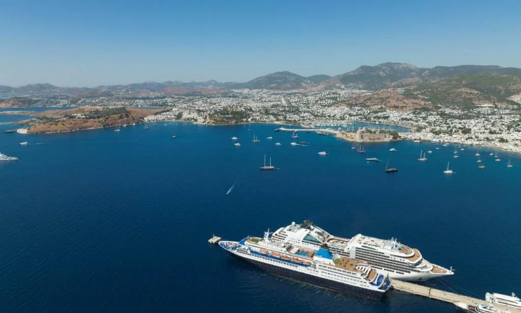 A cruise ship glides along the sea near the coast of Bordrum.