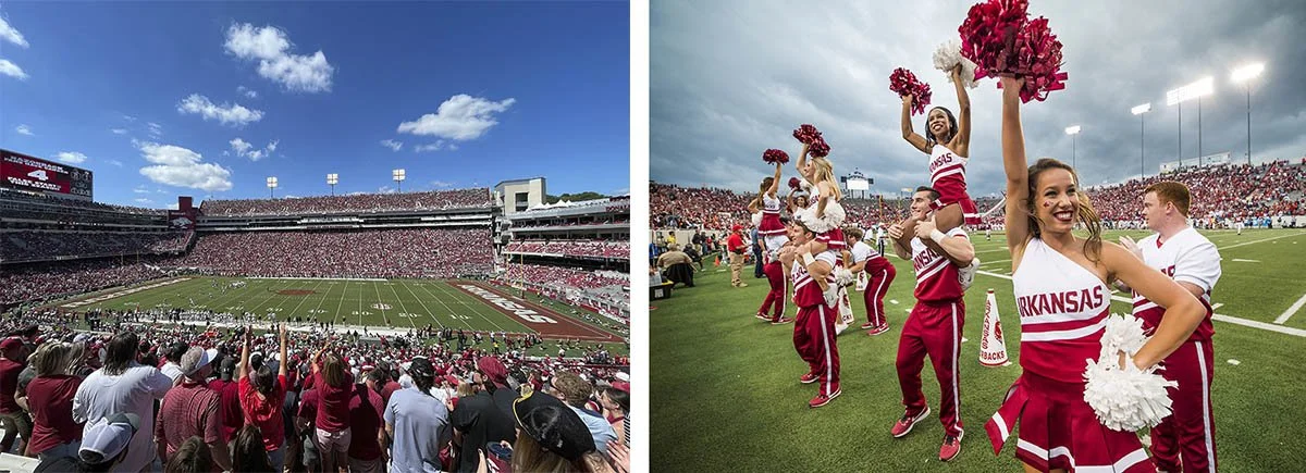Cheerleaders and fans at a football game in Arkansas.