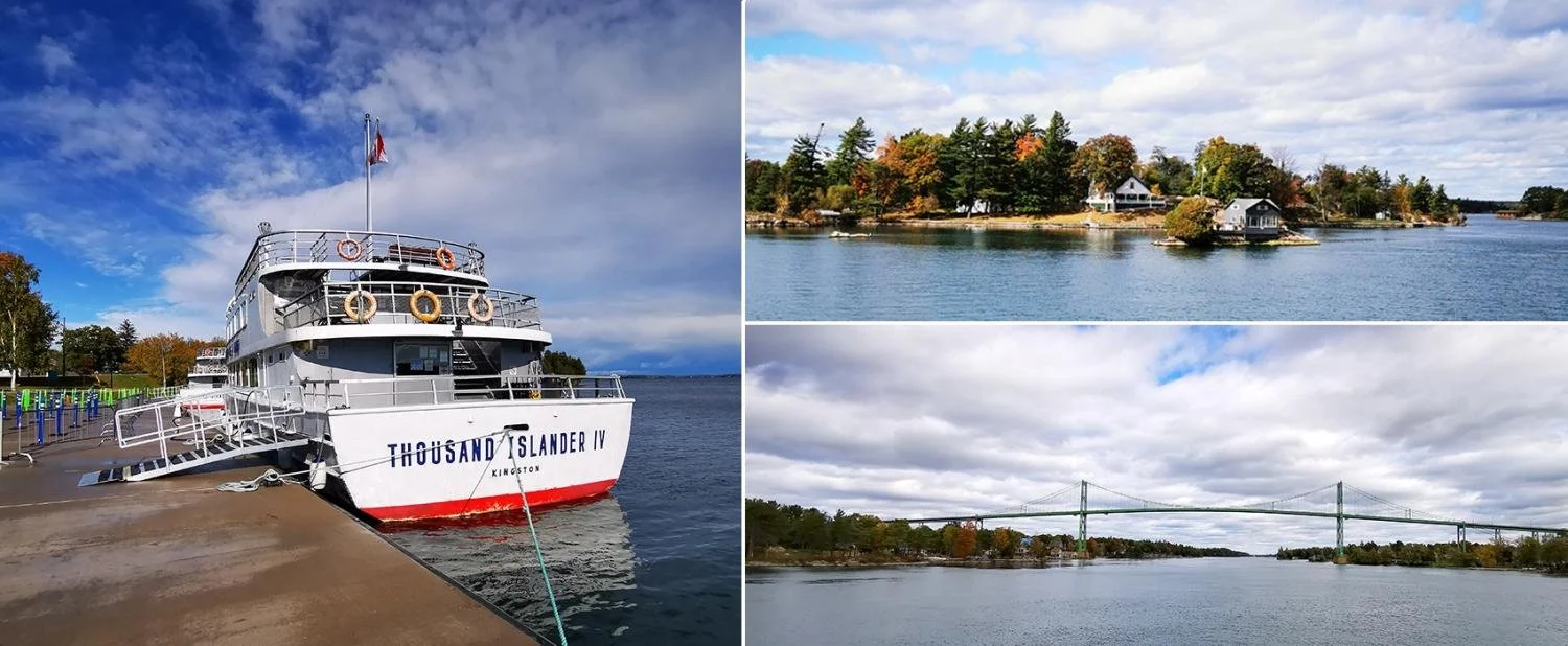 A boat from Gananoque Boat Line waits at the dock.