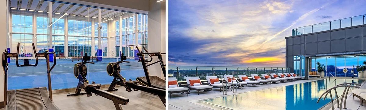 A sunset reflects in the pool at Hotel X and a fitness centre overlooks a tennis court.