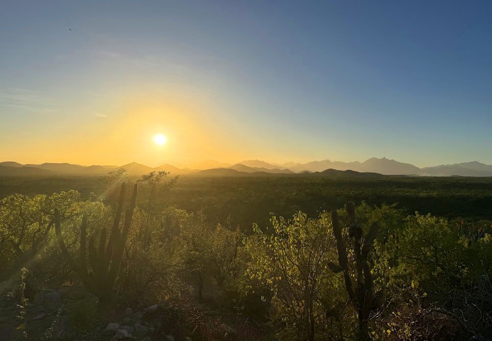 The end of another sunny day in Los Cabos. The sun sets over the Baja desert, as seen from the peak of Monte Cardón’s hilltop oasis.