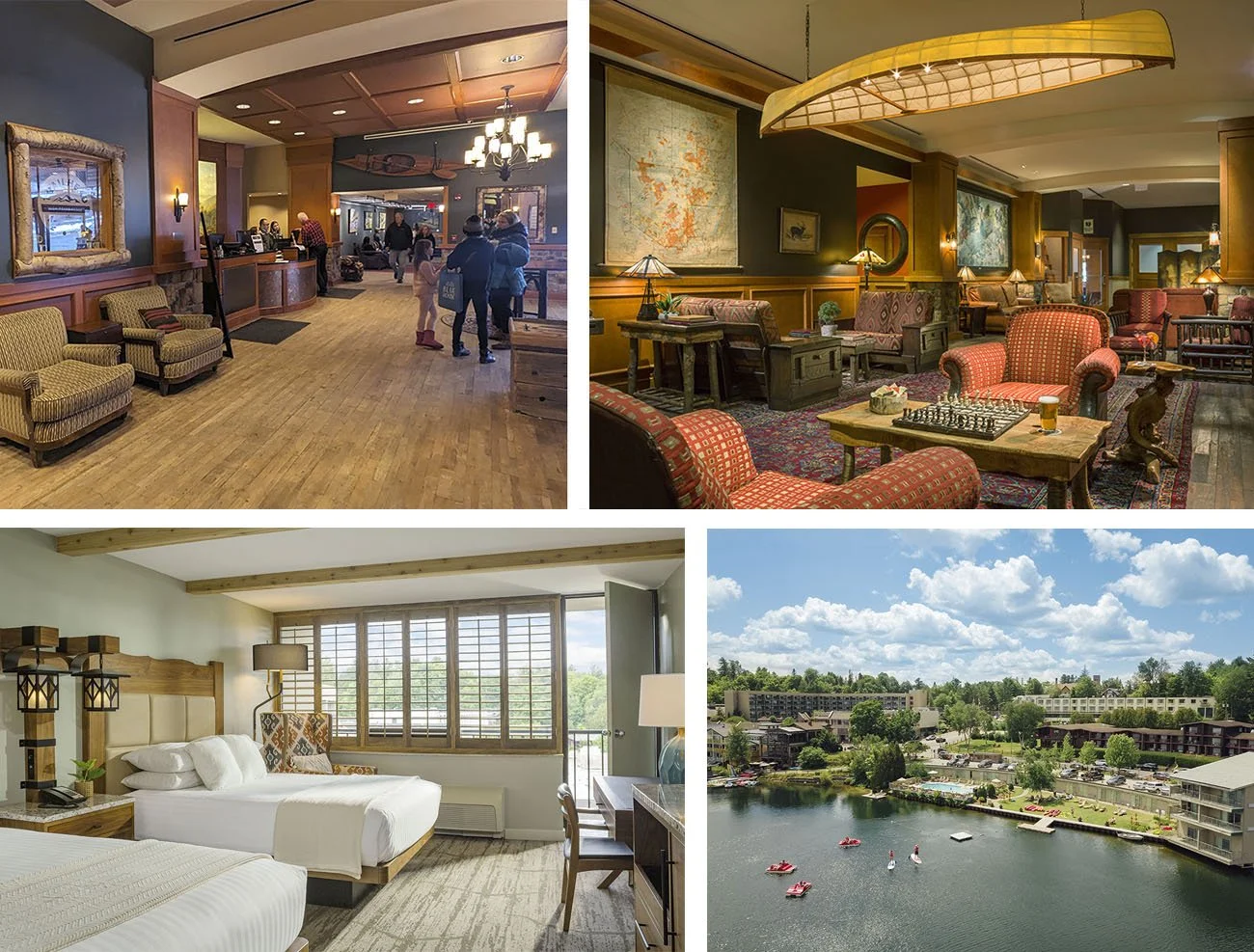 Bright skies over Lake Placid at High Peaks resort and quaint vintage interior indoors.