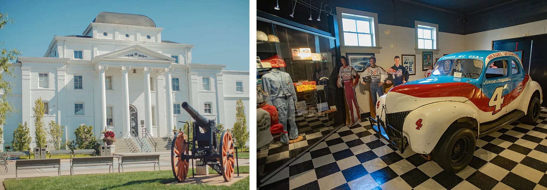 A big white building and a black canon from the Wilkes Heritage Museum.