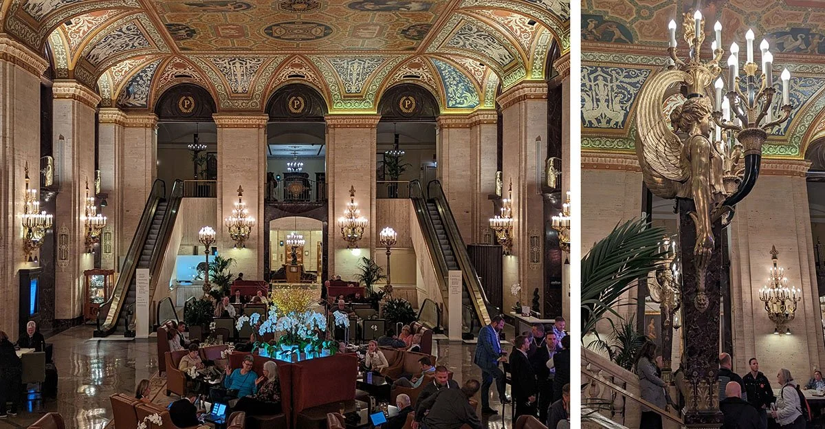 The intricate interior and murals of the Palmar House, a Hilton Hotel in Chicago.