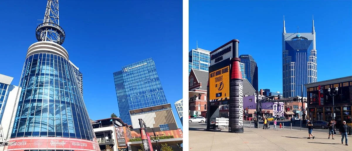 Brdgestone Tower Visitor Center towers above Nashville on a clear blue day.