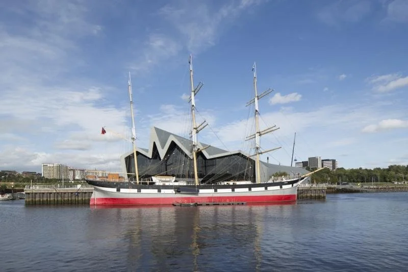 An riverside view of the  Riverside Museum in Scotland.
