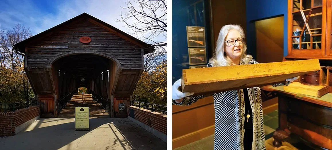 A wooden covered bridge connecting the Old Salem Visitor Center to Old Salem.
