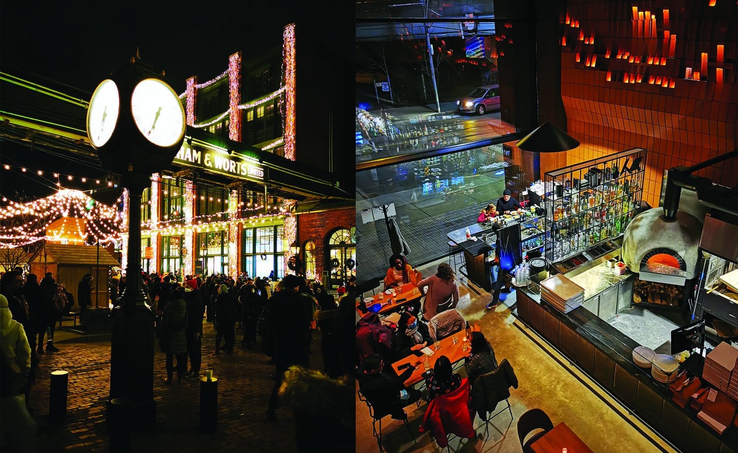 Bright lights and tables at a brewery in Toronto's Distillery District