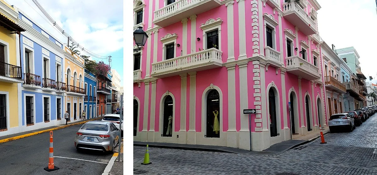 Bright blue, yellow and pink buidings line the streets of San Juan, Puerto Rico.