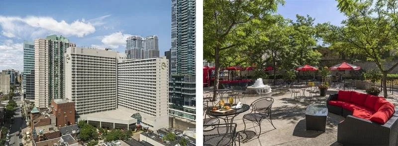 An aeriel view of the large concrete exterior of the Chelsea hotel and the market garden patio with red chairs and umbrellas.
