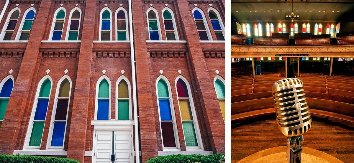 Colorful, tall windows against the brick walls of the Ryman Auditorium in Nashville.