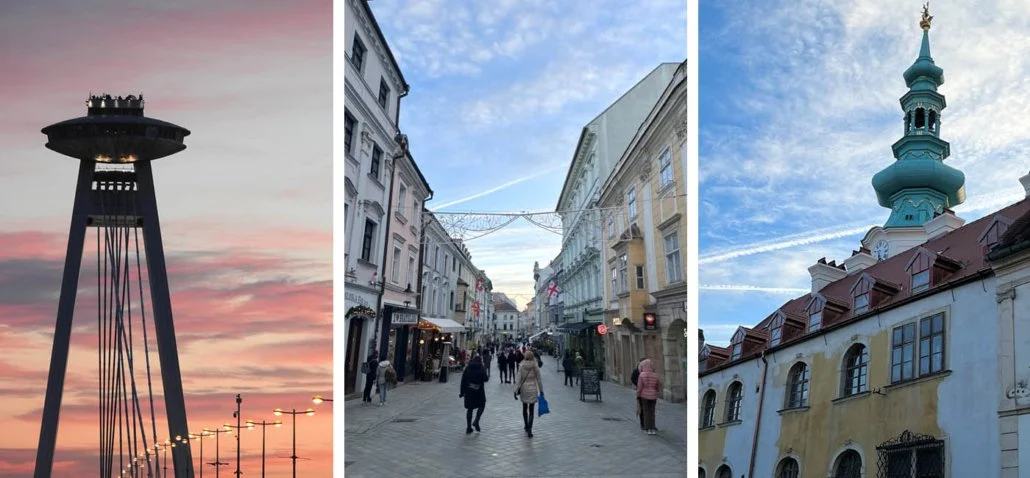The streets of Vienna and a tall monument during sunset.