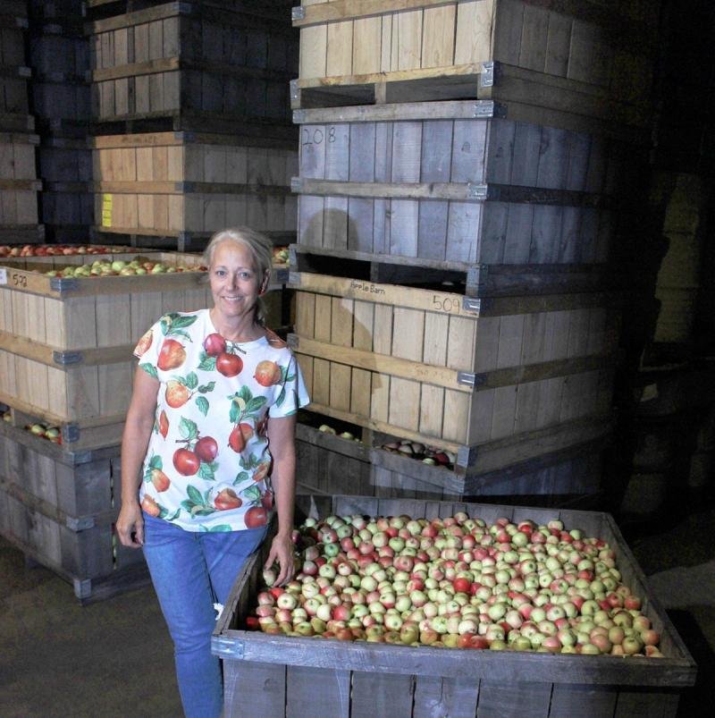 A woman in an apple shirt stands in front of a barrel with apples.