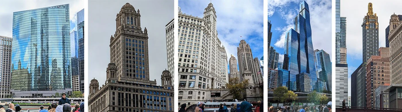 Some of Chicago's most iconic buildings:  333 West Wacker Drive; The Jewelers’ Building; The Wrigley Building; The St. Regis; The Carbide and Carbon Building.