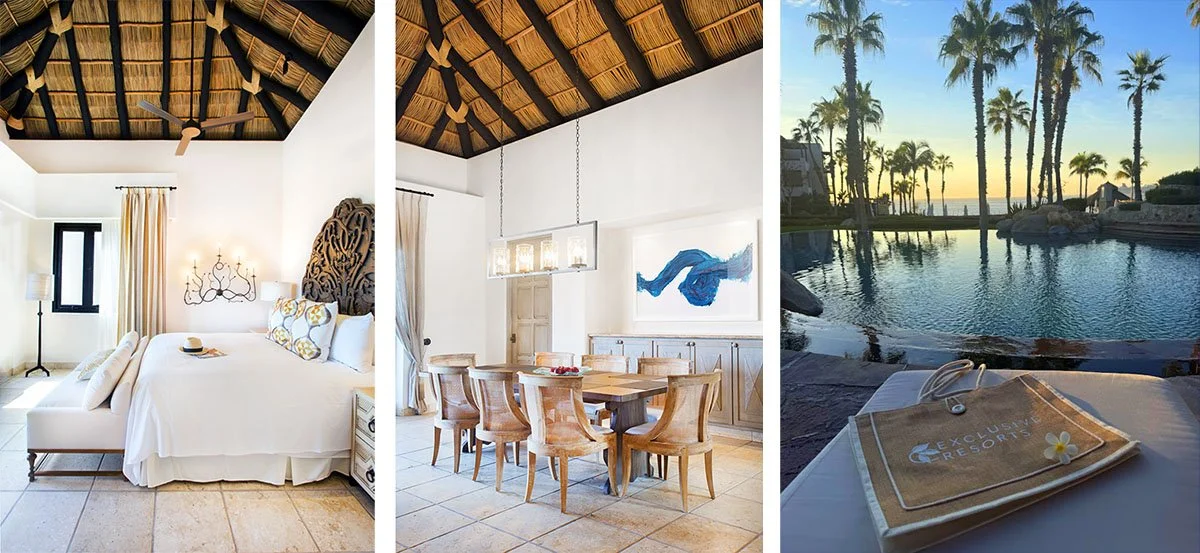 An exclusive Resorts bag near the pool at sunset and the interior of the resort.