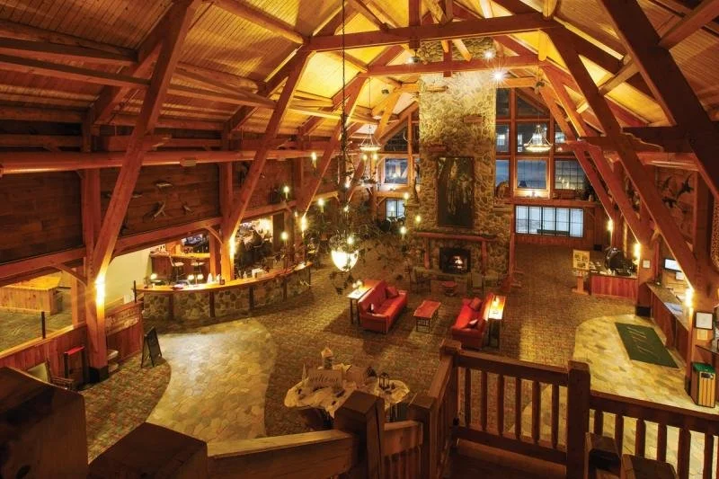 The wooden, cozy interior of Hope Lake Lodge in Cortland Country, New York