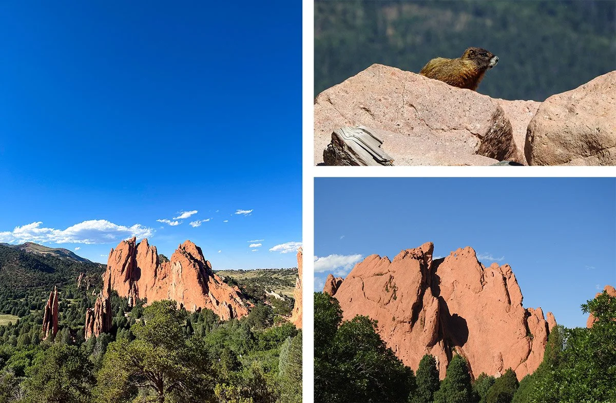 The red rocks from Garden of the Gods peak out into the blue sky in Colorado Springs, Colorado.