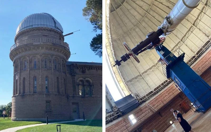 The mechanical telescope at Yerkes Observatory raised high in the building.