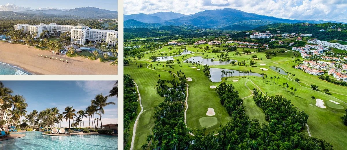 Aeriel views of the beach, golf courses and pool at Wyndam Grand Rio Mar.