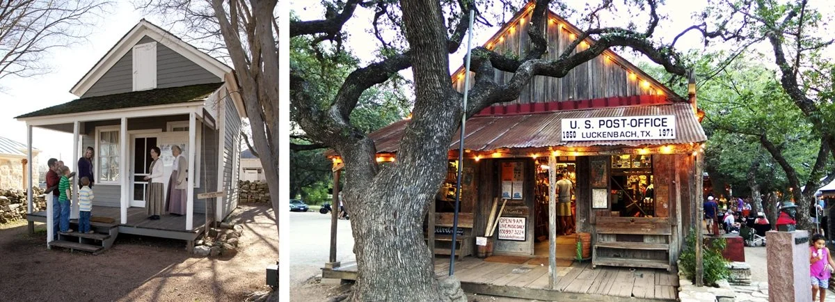 Old, wooden houses at the Pioneer Museum on Main Street, Fredericksburg.