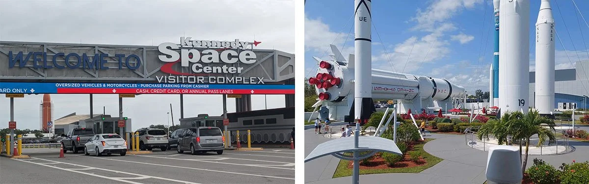 The Kennedy Space Center visitor complex and the rocket statues out front.
