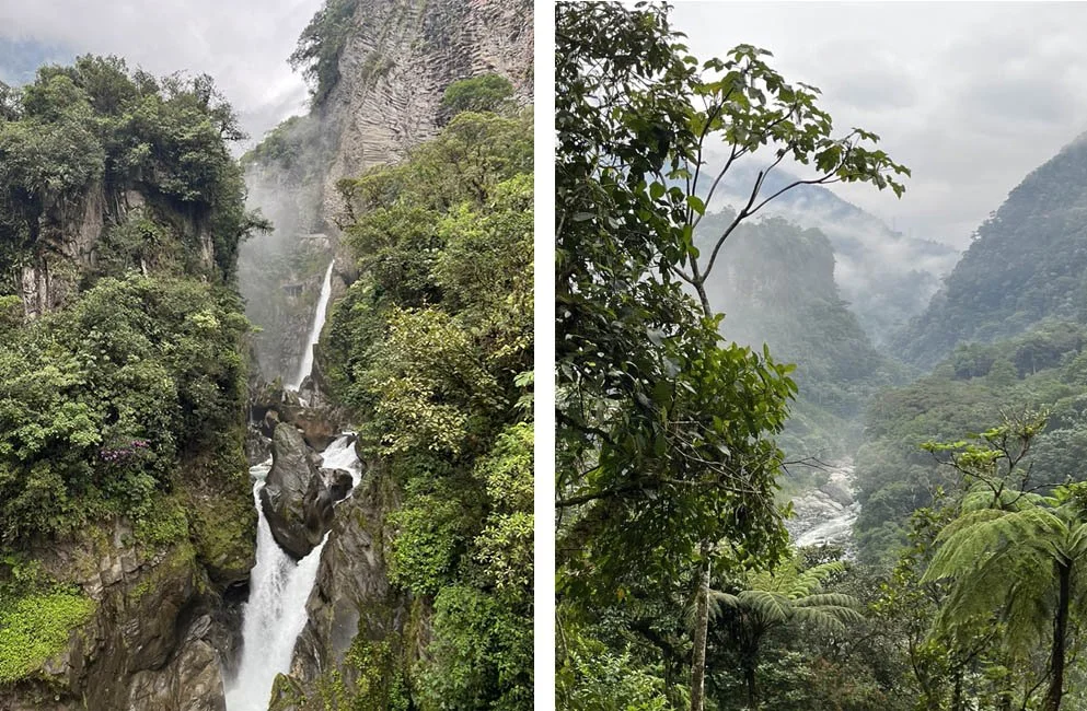 Lush green forests, rivers and waterfalls enshrouded by clouds in Baños, Ecuador.