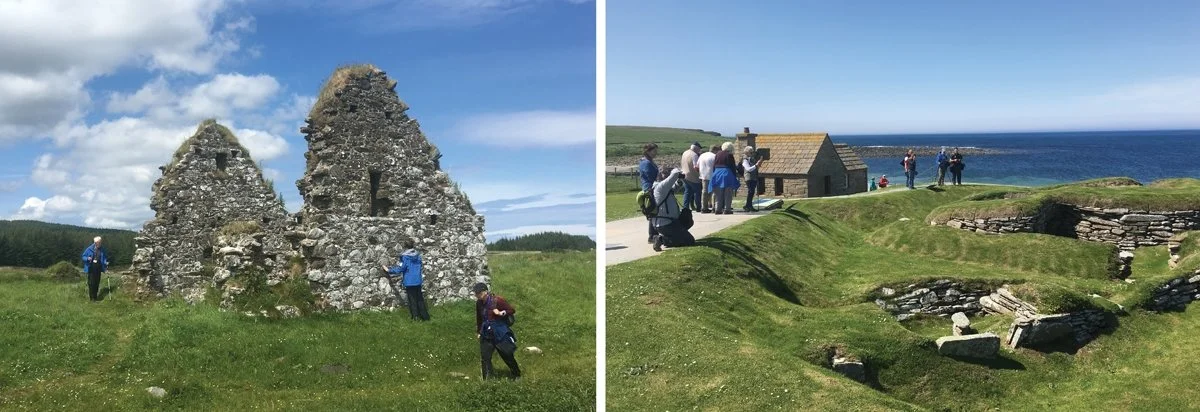 A group of tourists admire Finlaggan Trust in Islay on a sunny day.