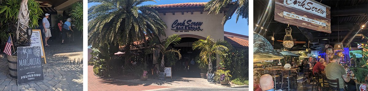 The interior and exterior of the Cork Screw Bar and Grille in New Smyrna Beach.