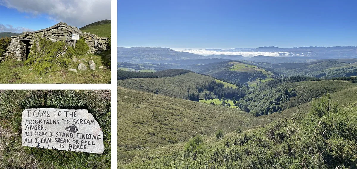 A stone medieval hospital next to a green mountain valley along the Camino Primitivo.