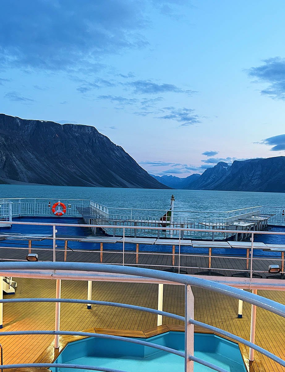 The Ocean Endeavor sails towards Bafin Bay and the Davis Strait through mountains on it's way to Greenland.