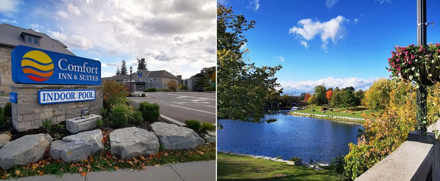 The sign of Comfort Inn and Suites and the nearby pond.