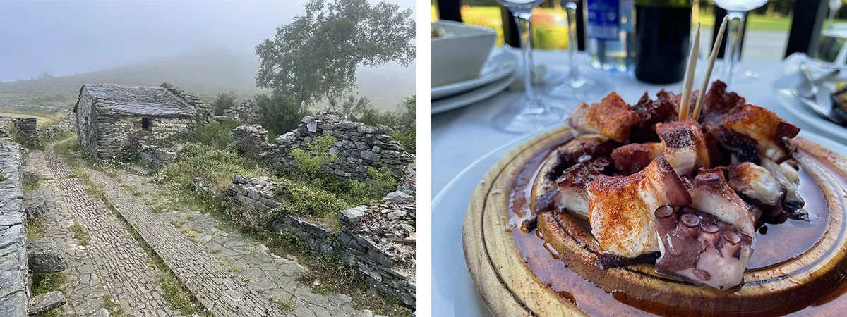 An old celtic fort surrounded by mist next to a plate of Octopus.