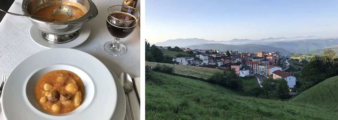 Orange fabada stew on a white plate next to a colourful Spanish town called Tineo surrounded by mountains.