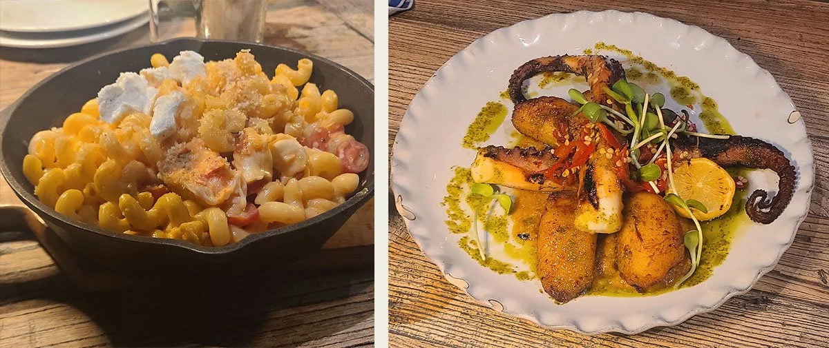 Lobster Mac & Cheese and grilled swordfish from Rio Mar’s Roots Coastal Kitchen.