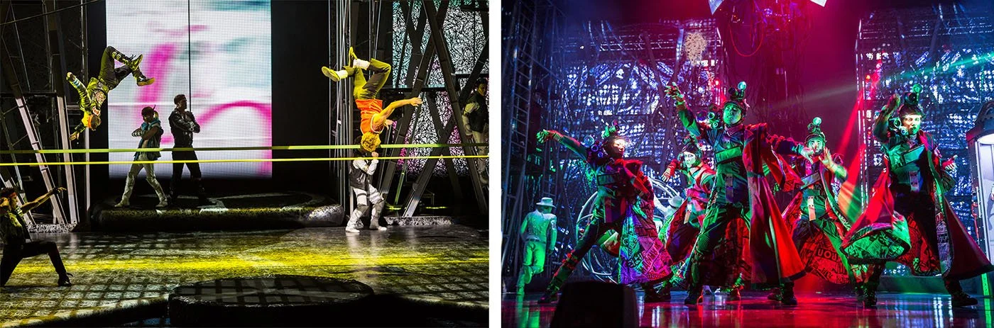Dancers and bright colors at Cirque du Soleil.