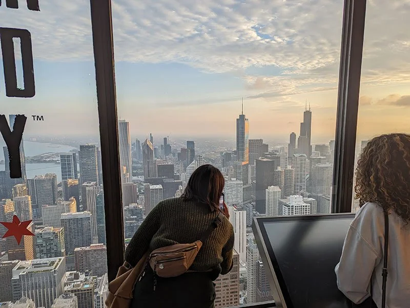 The view from the 360 Chicago Observation Deck during sunset.
